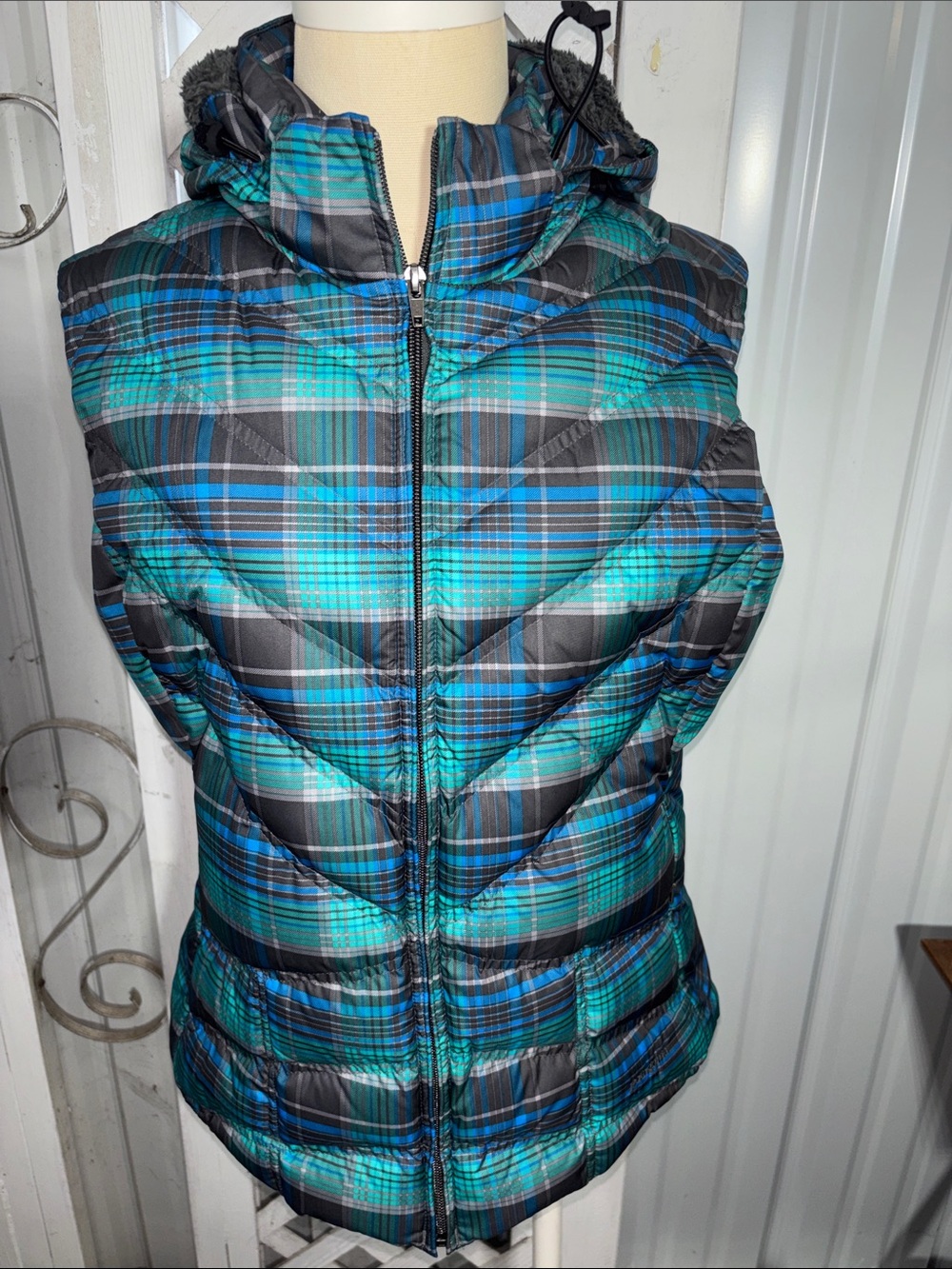 Patagonia Teal & Black Plaid Quilted Hooded Vest